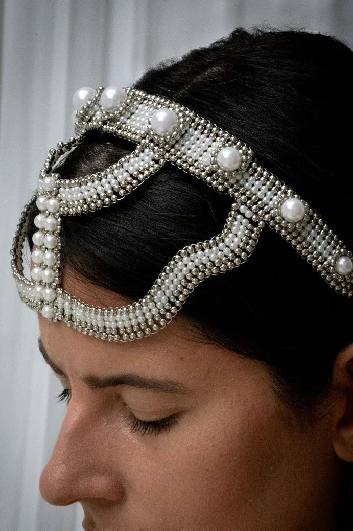 Khutulun Pearl Beaded Statement Headband w/ Removable Tassels