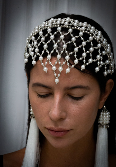 closeup of woman wearing pearl veil headband by Object & Dawn