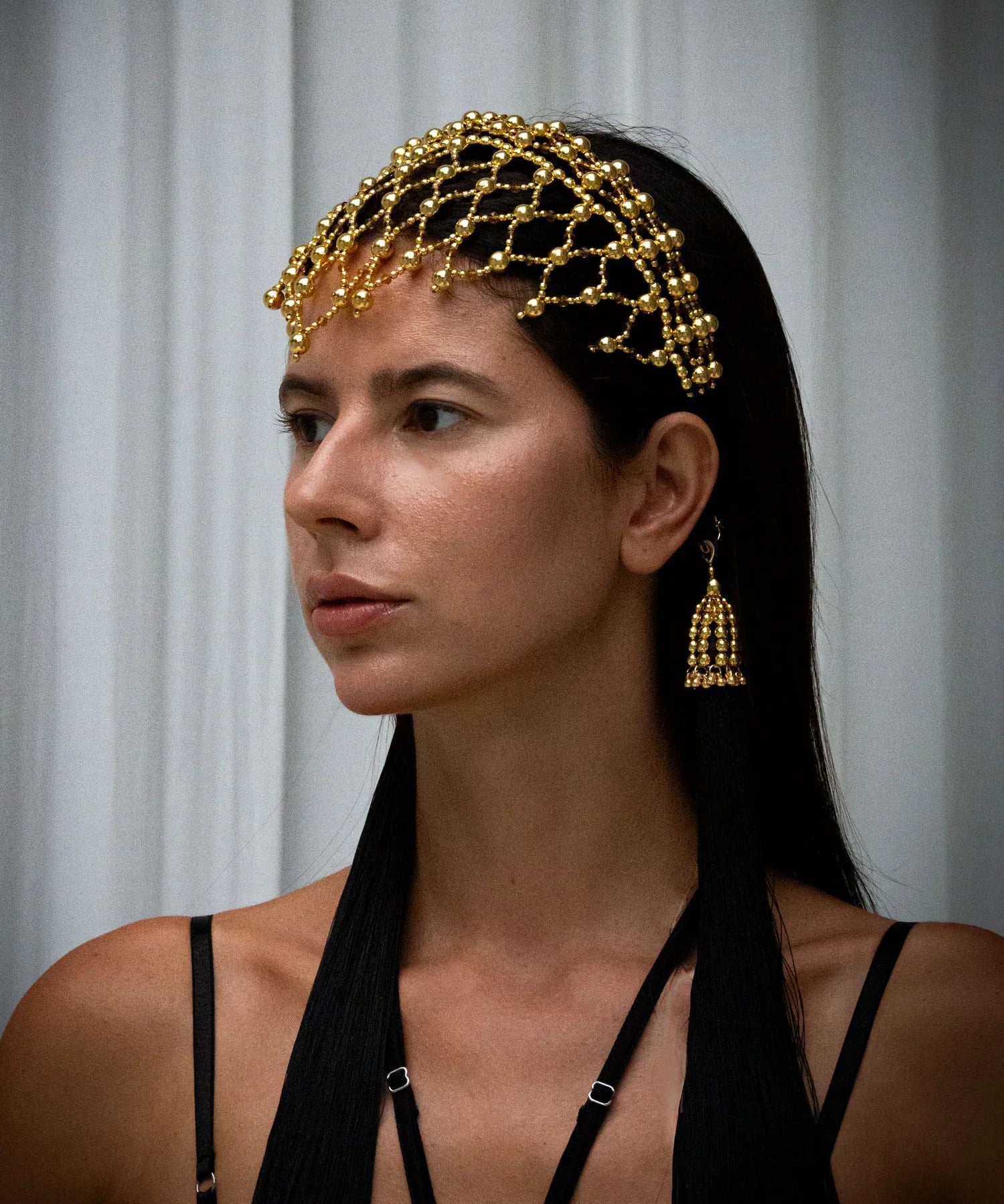 handcrafted modular beaded headband by object and dawn with 22k gold wash