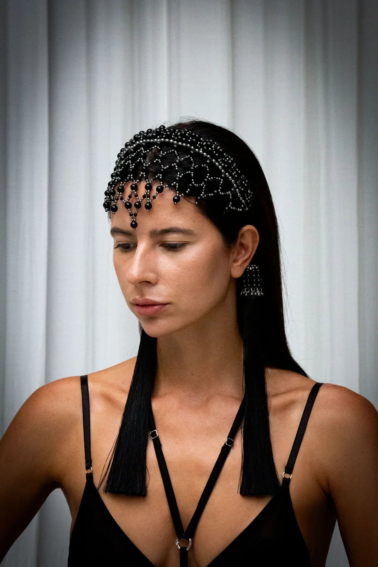 handcrafted modular beaded headband by object and dawn with silver coated silver and black crystals
