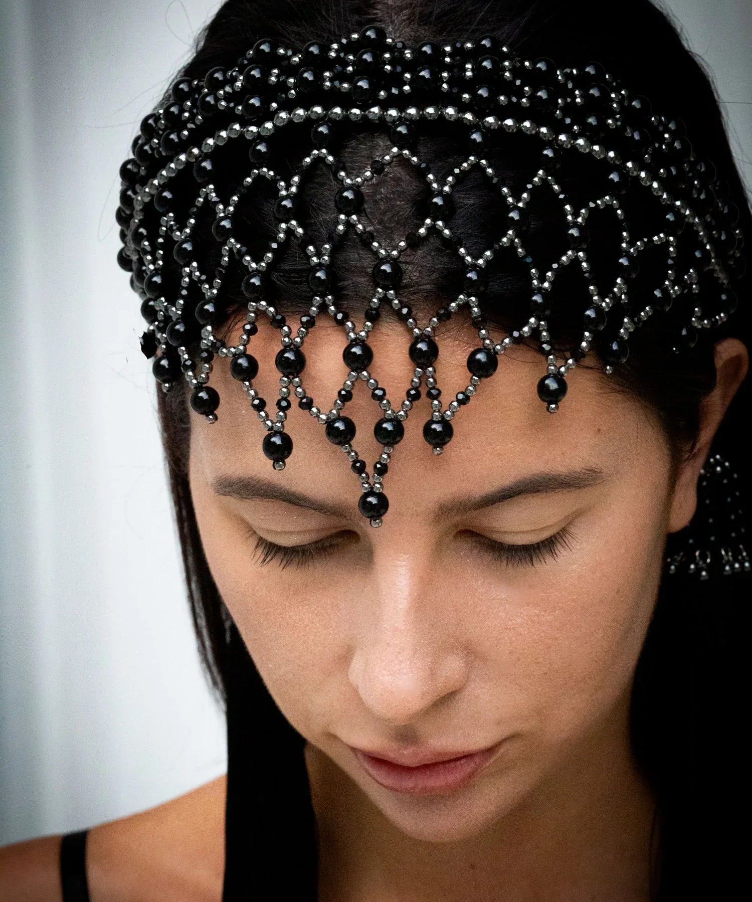 handcrafted modular beaded headband by object and dawn with silver coated beads and black crystals