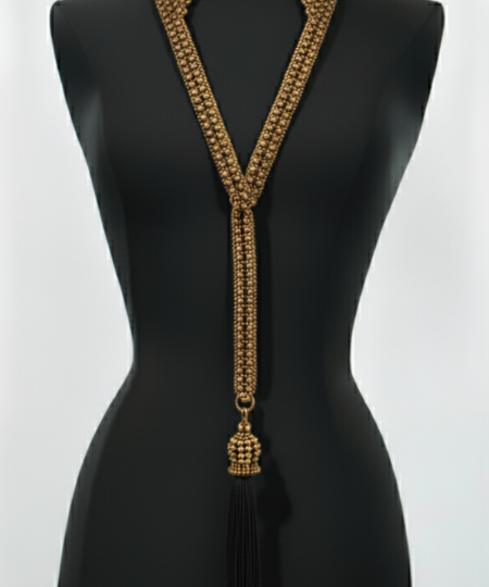 Mannequin wearing a gBeaded Tailored Collar Antq Gold  with tassel by Object & Dawn on a white background