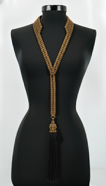 Mannequin wearing a gBeaded Tailored Collar Antq Gold  with tassel by Object & Dawn on a white background