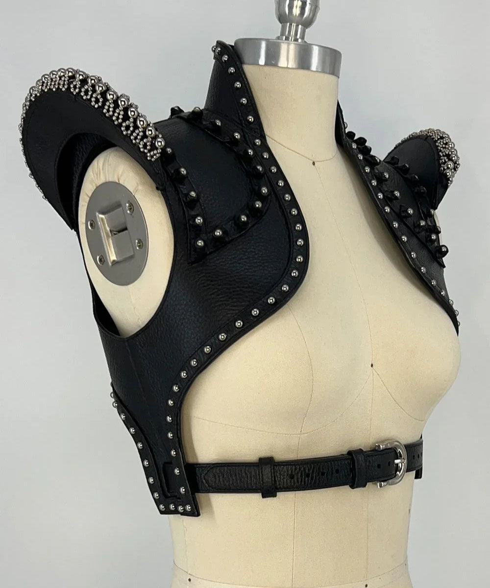 beaded premium leather helios bolero jacket by object and dawn in grey background diagonal view