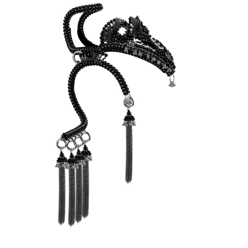 Jas Modular Headpiece System w/10 Beaded Chain Tassels in Jet Back