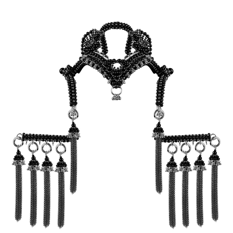 Jas Modular Headpiece System w/10 Beaded Chain Tassels in Jet Back