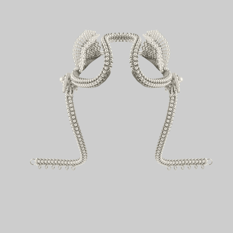 Jas Modular Headpiece System w/Face Chain, Cowrie Shell Tassels, in Pearl