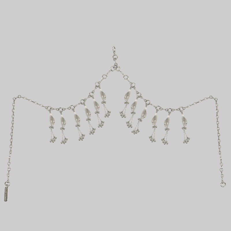 Jas Modular Headpiece System w/Face Chain, Cowrie Shell Tassels, in Pearl