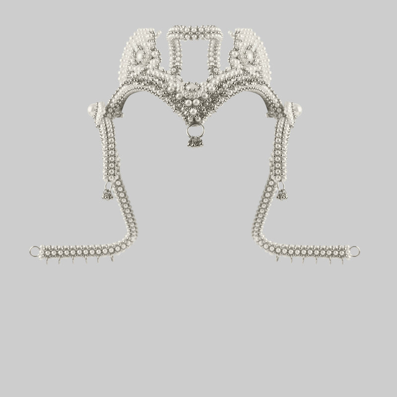 Jas Modular Headpiece System w/Face Chain, Cowrie Shell Tassels, in Pearl
