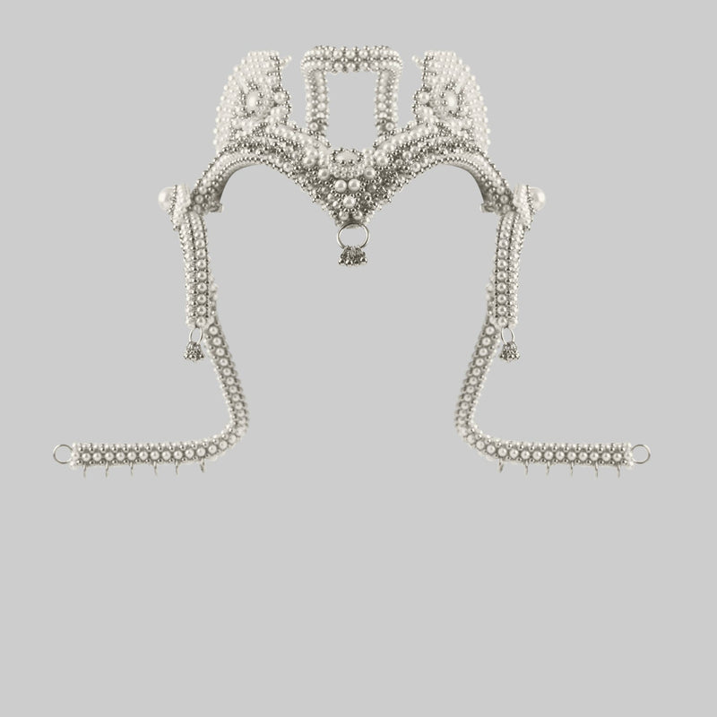 Pearl Jas Modular Headpiece System: with removable White Tassels, Large Pearl Medallions