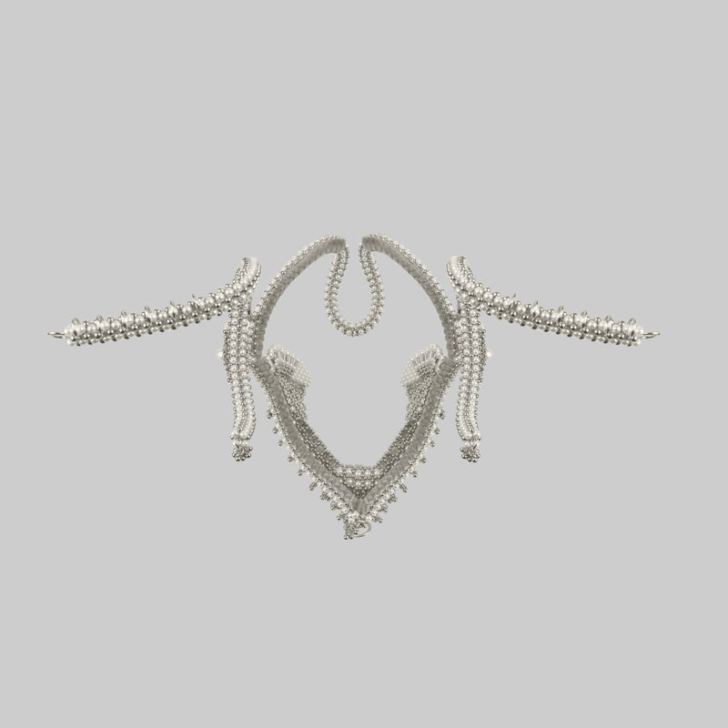 Pearl Jas Modular Headpiece System: with removable White Tassels, Large Pearl Medallions