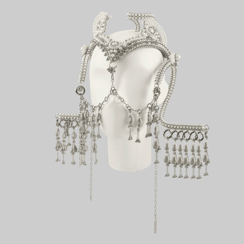 Jas Modular Headpiece System w/Face Chain, Cowrie Shell Tassels, in Pearl