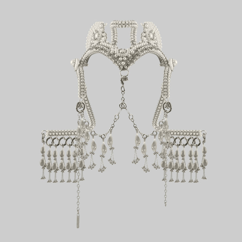 Jas Modular Headpiece System w/Face Chain, Cowrie Shell Tassels, in Pearl