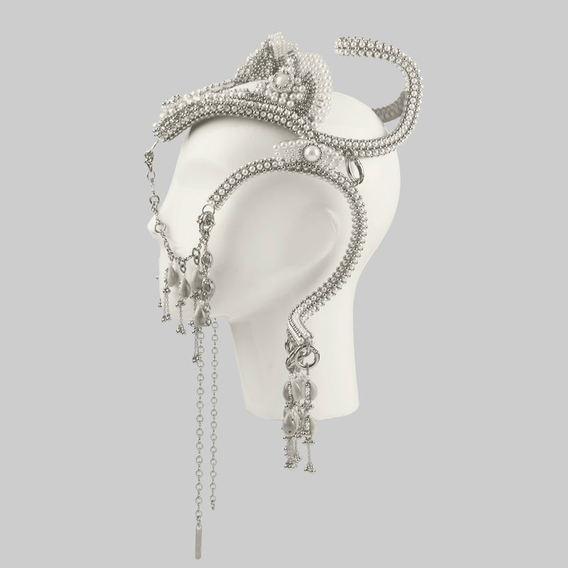 Jas Modular Headpiece System w/Face Chain, Cowrie Shell Tassels, in Pearl