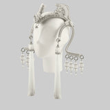 Pearl Jas Modular Headpiece System: with removable White Tassels, Large Pearl Medallions