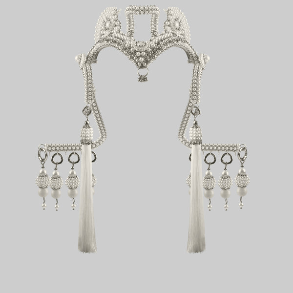 Pearl Jas Modular Headpiece System: with removable White Tassels, Large Pearl Medallions