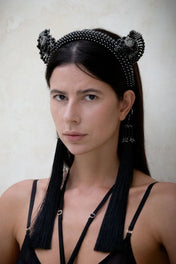 Object & Dawn, Jas headband in jet black worn by woman in black outfit in neutral background