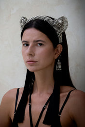 jas headband in silver by Object & Dawn worn by woman in black outfit