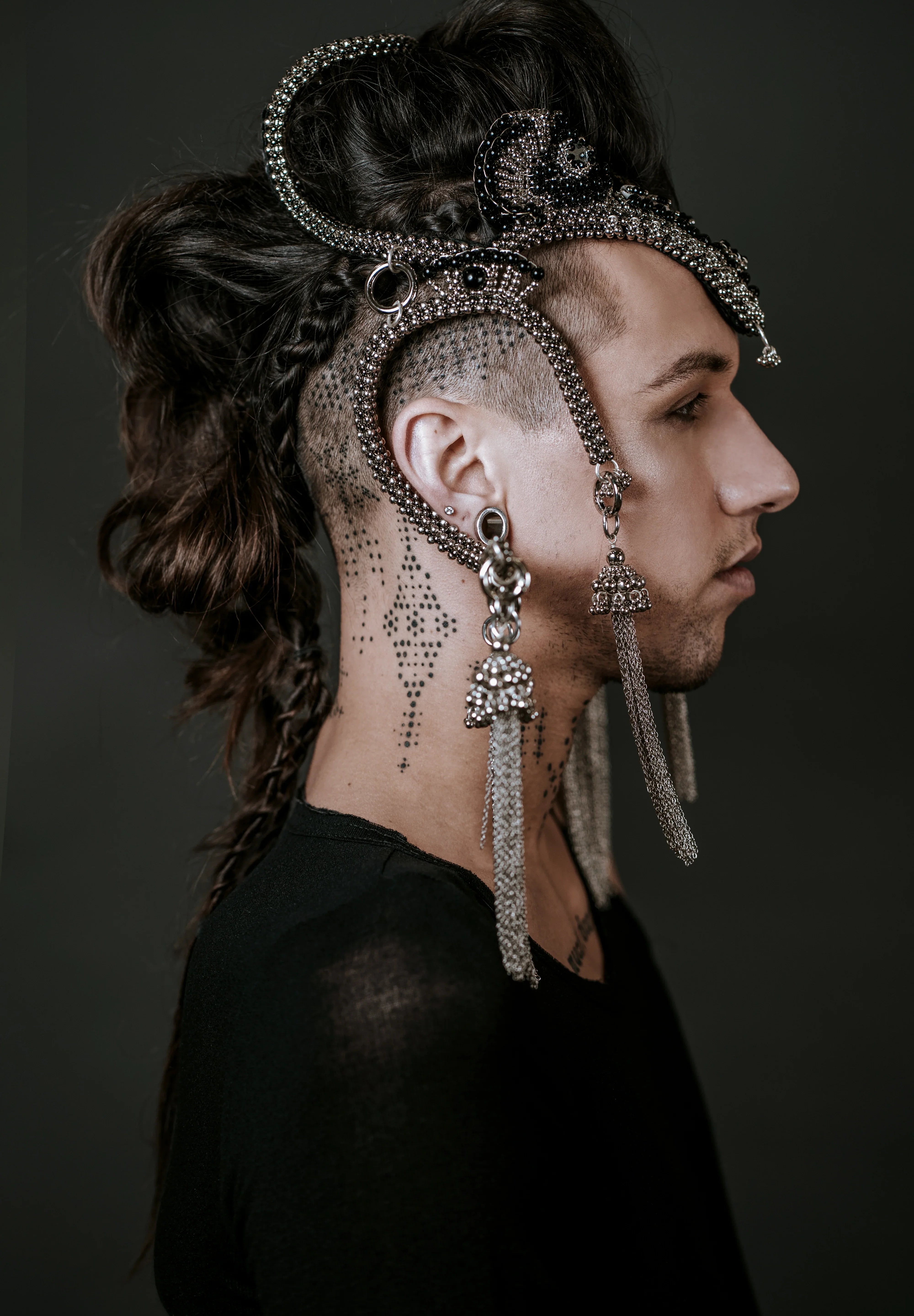 handcrafted jas modular headpiece system with silver coated polymer metal beads and black crystals by object and dawn side view by Object and Dawn