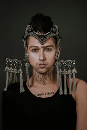 handcrafted jas modular headpiece system with silver coated polymer metal beads and black crystals by object and dawn