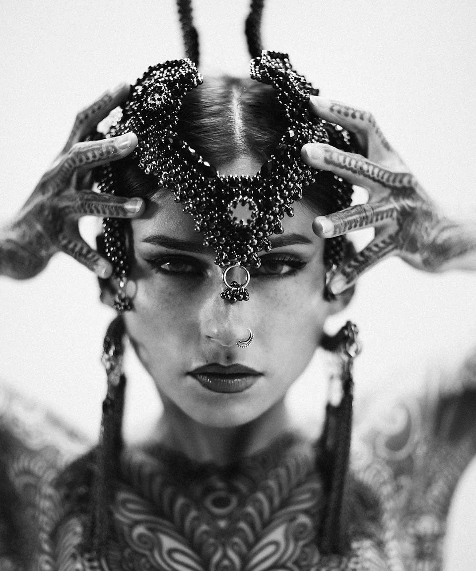 handcrafted jas modular headpiece system with silver coated polymer metal beads and black crystals by object and dawn