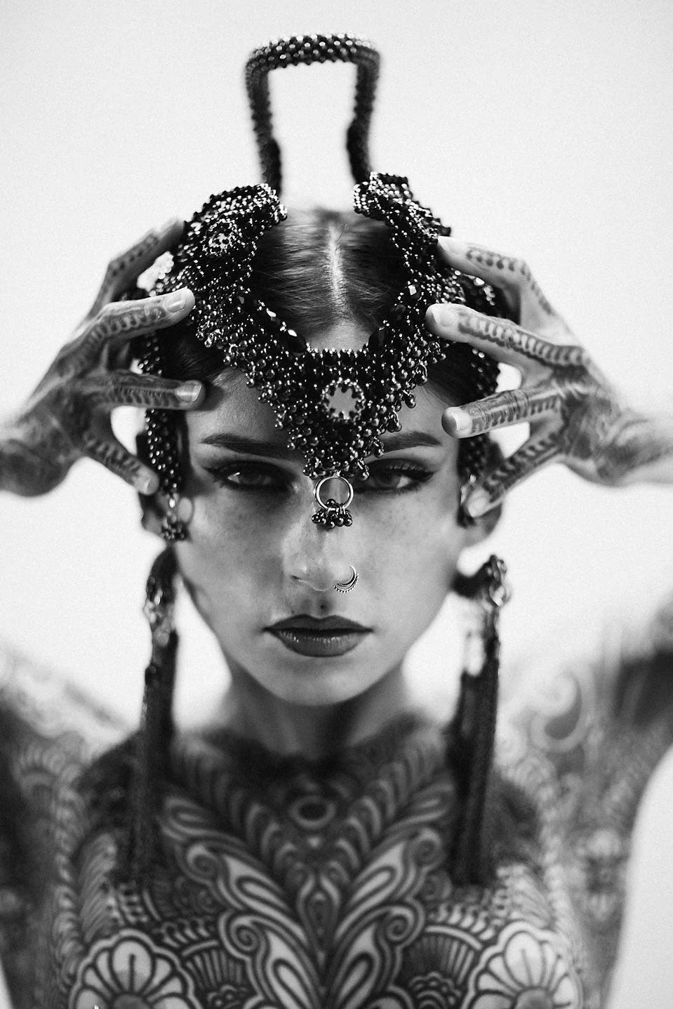 handcrafted jas modular headpiece system with silver coated polymer metal beads and black crystals by object and dawn