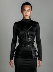 woman with black outfit and modular jas leather cage skirt and top by object and dawn
