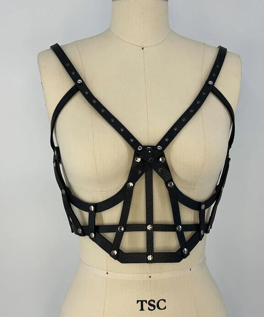 beaded premium leather Jas Studded Cage top by object and dawn on mannequin in white background