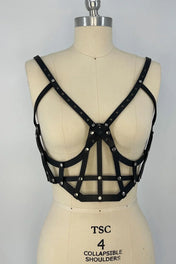 beaded premium leather Jas Studded Cage top by object and dawn on mannequin in white background