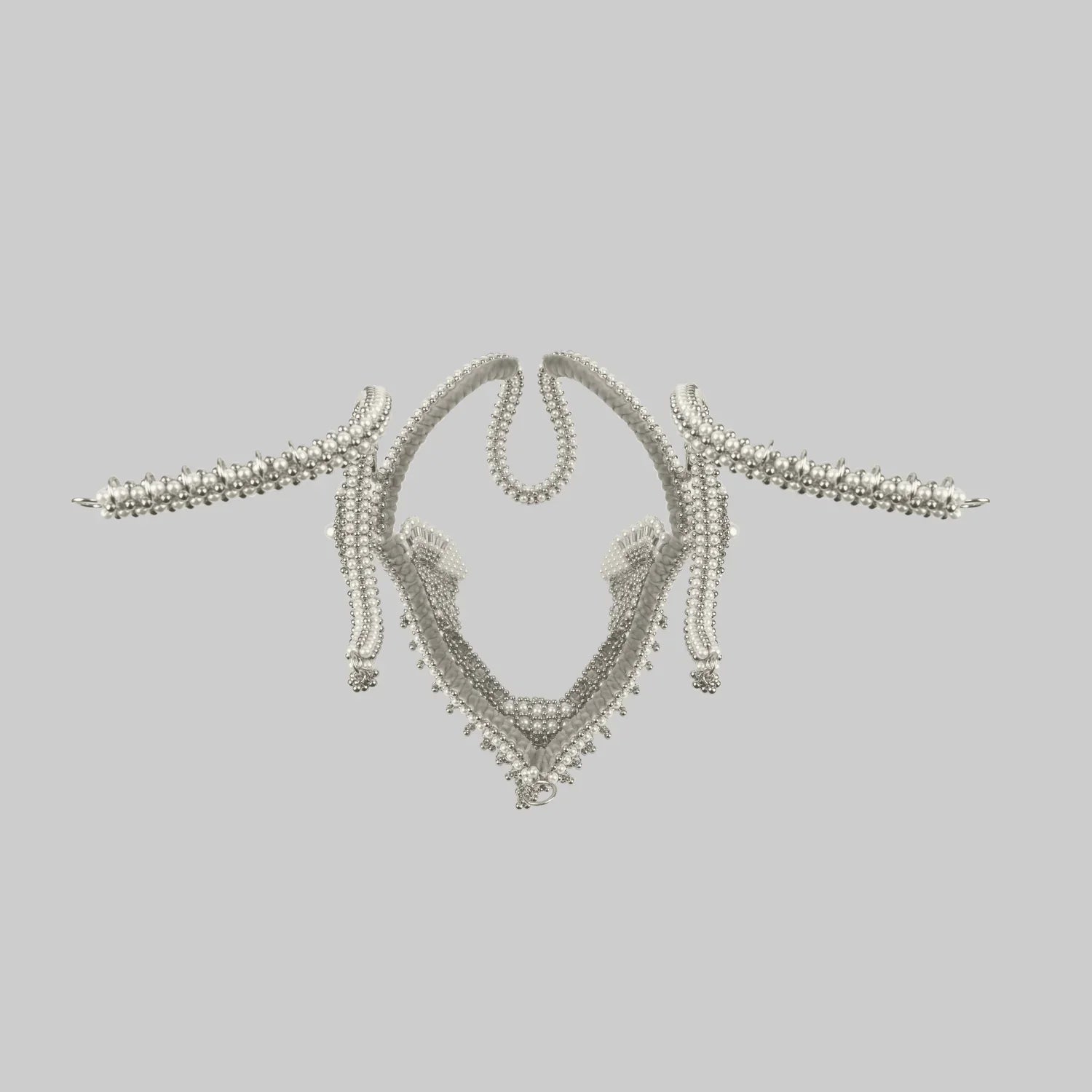 Object and Dawn, modular headpiece system in pearl grey background, ghost image velvet lining