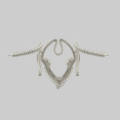 Object and Dawn, modular headpiece system in pearl grey background, ghost image velvet lining