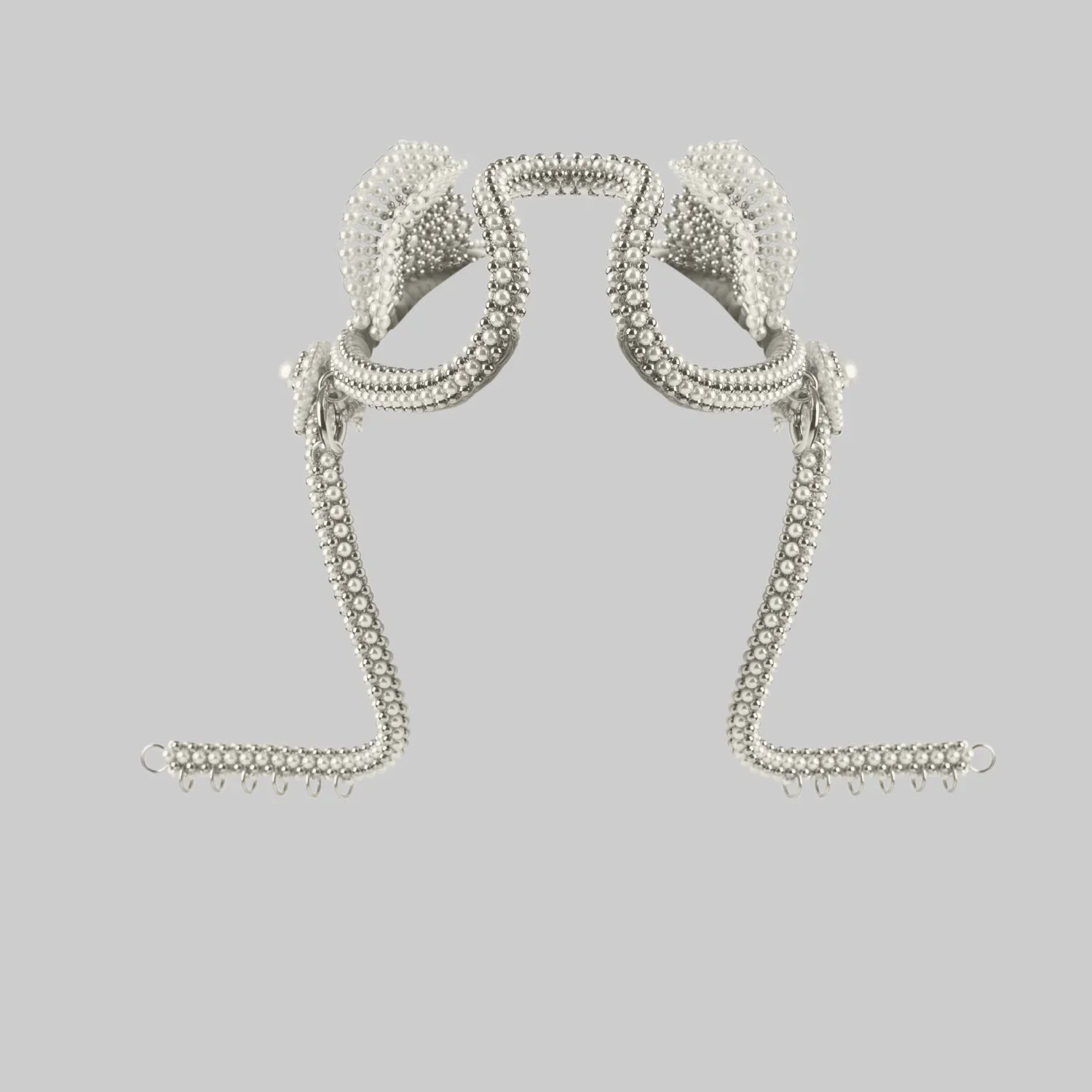 Object and Dawn Modular Beaded Jas Headpiece System with polymer metal beads and synthetic japanese pearl in grey background back view