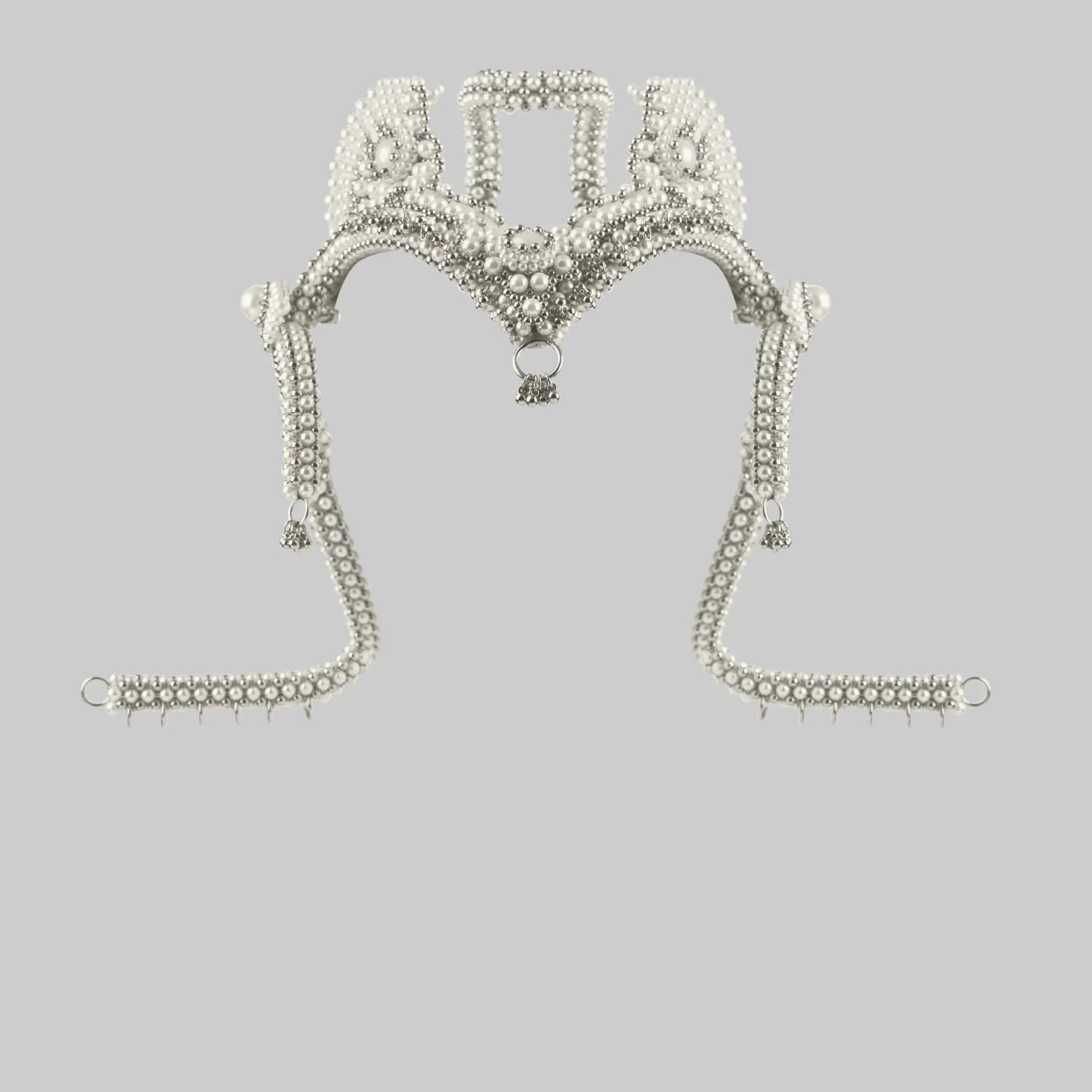 Object and Dawn Modular Beaded Jas Headpiece System with polymer metal beads and synthetic japanese pearl in grey background