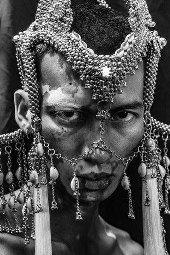 Object and Dawn, modular headpiece system in pearl with removable mask and pearl cowrie tassels close up on person