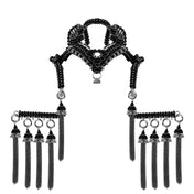 Handcrafted beaded modular headpiece system with beaded chain tassels jet black in white background by Object and Dawn front view