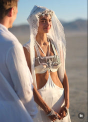 Bridal wear white lace robe and handcrafted Khutulun beaded Top Harness with Pearl Beaded Crown by object and dawn