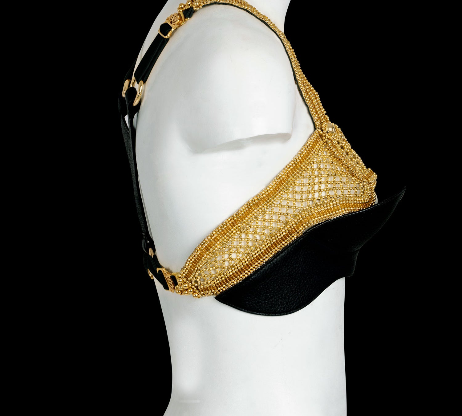 Object & Dawn beaded Khutulun Top with Leather Bra, contemporary statement accessory, side view