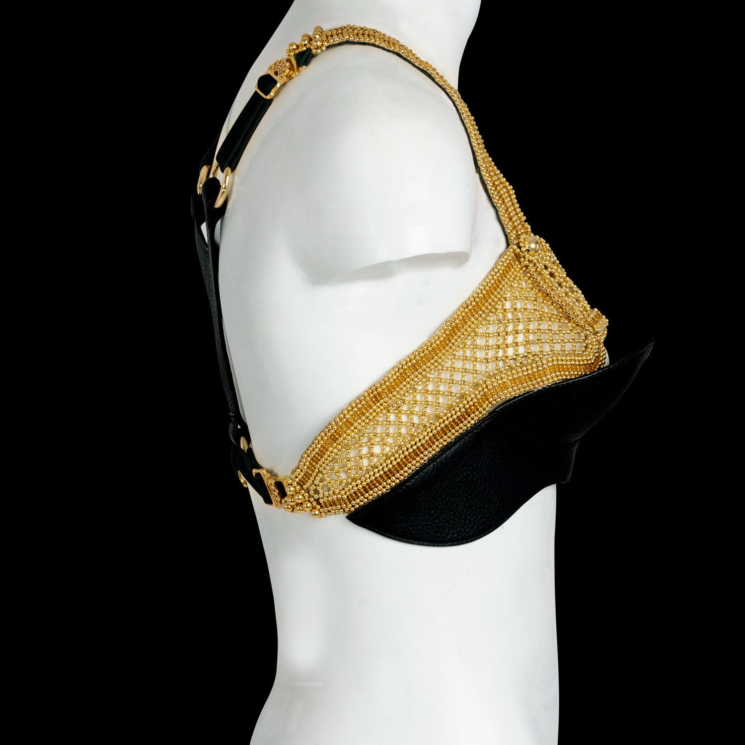 Object & Dawn beaded Khutulun Top with Leather Bra, contemporary statement accessory, side view