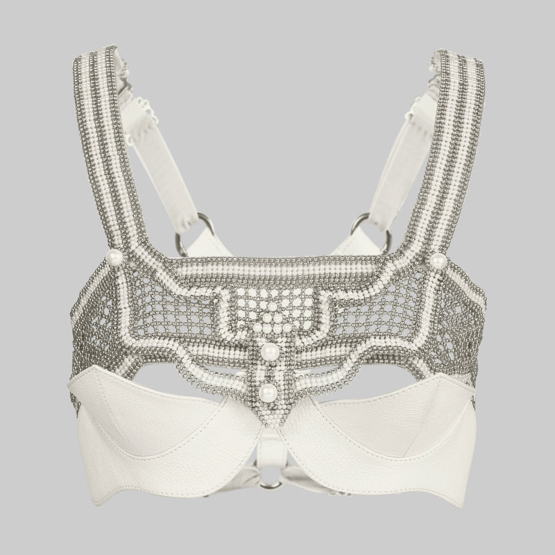 Khutulun Modular Top w/ Leather Bra in Pearl