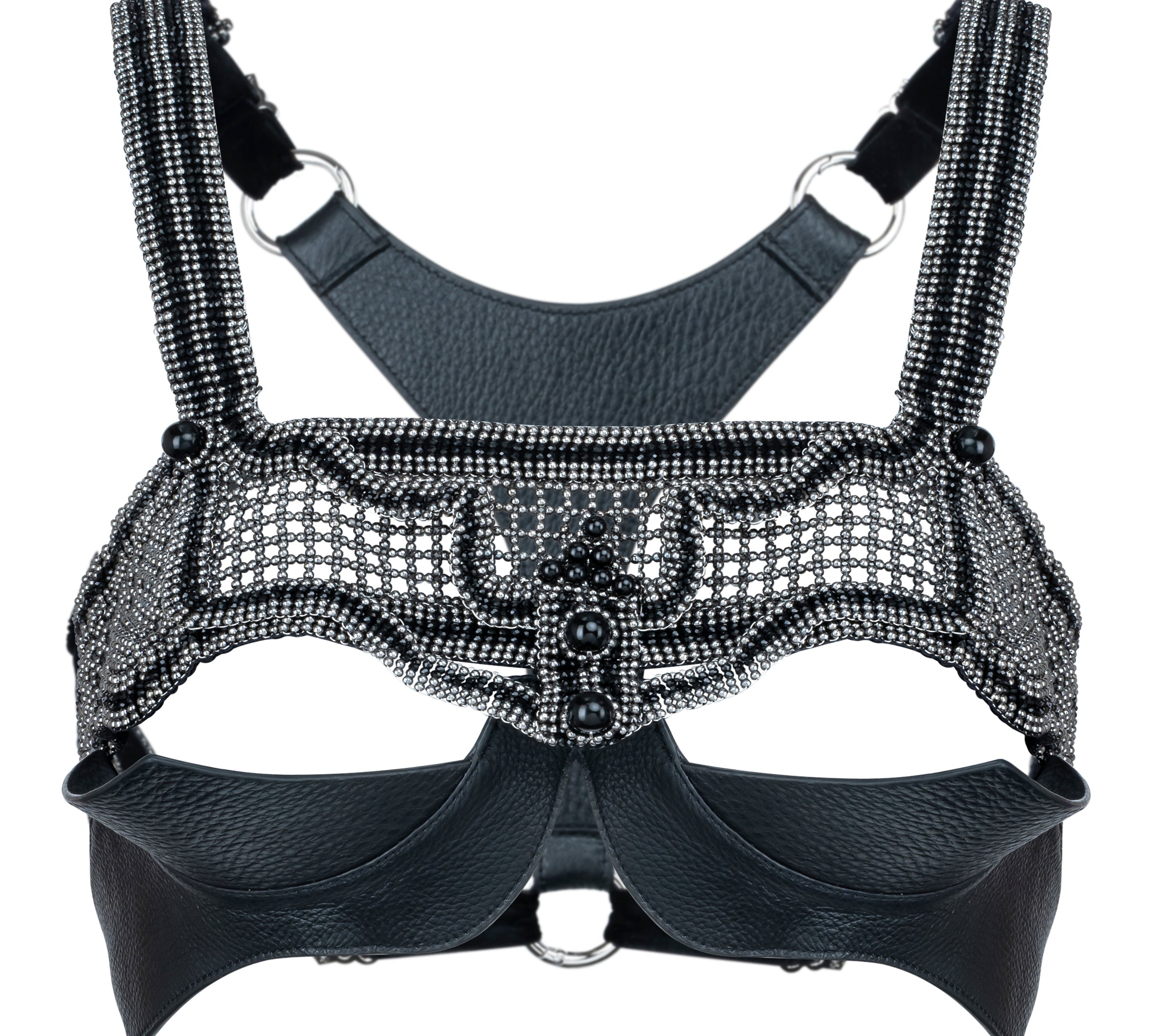Khutulun Modular Top with leather Bra in jet black, premium handcrafted accessory, ghost image front view