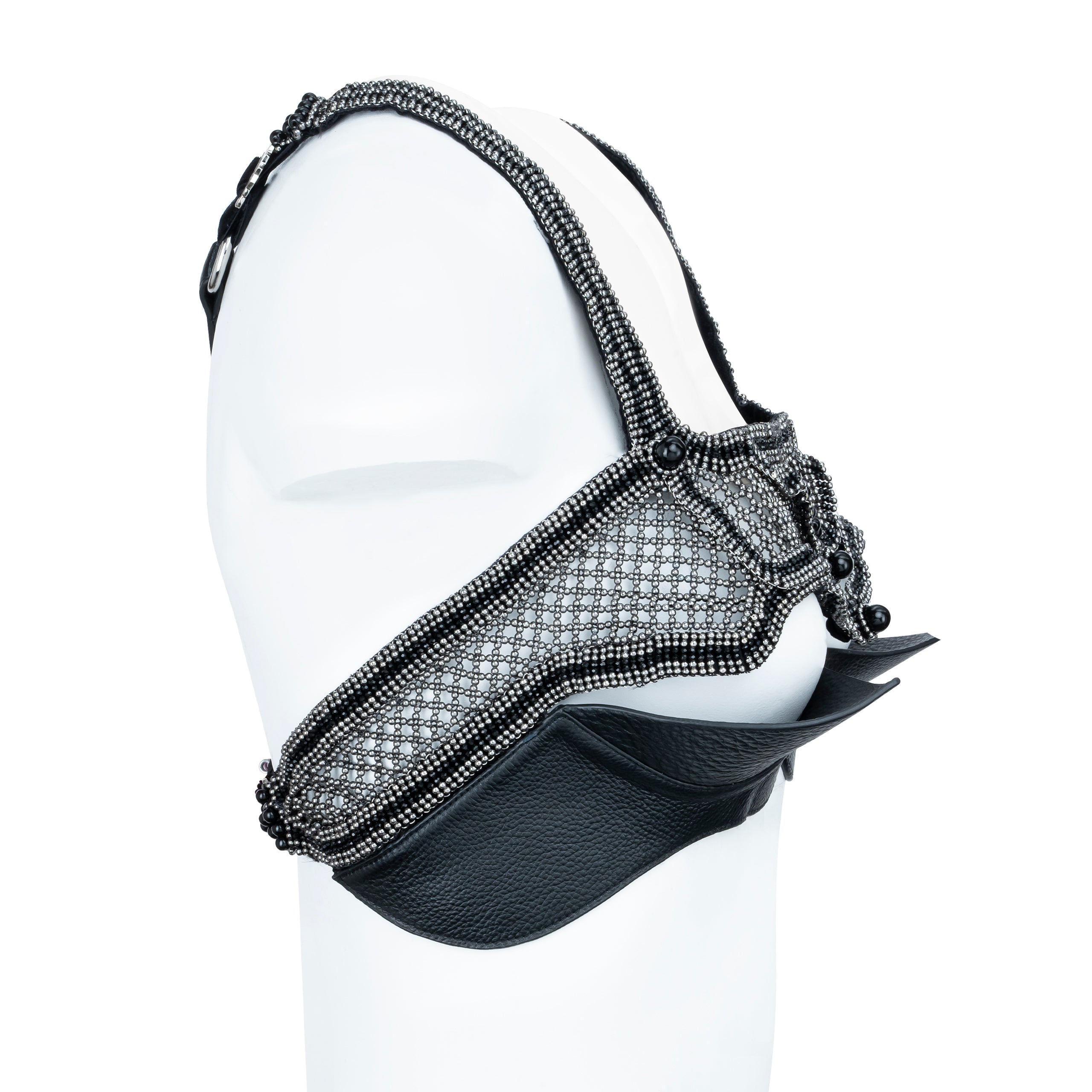 Khutulun Modular Top with leather Bra in jet black, premium handcrafted accessory, ghost image side view by Object and Dawn