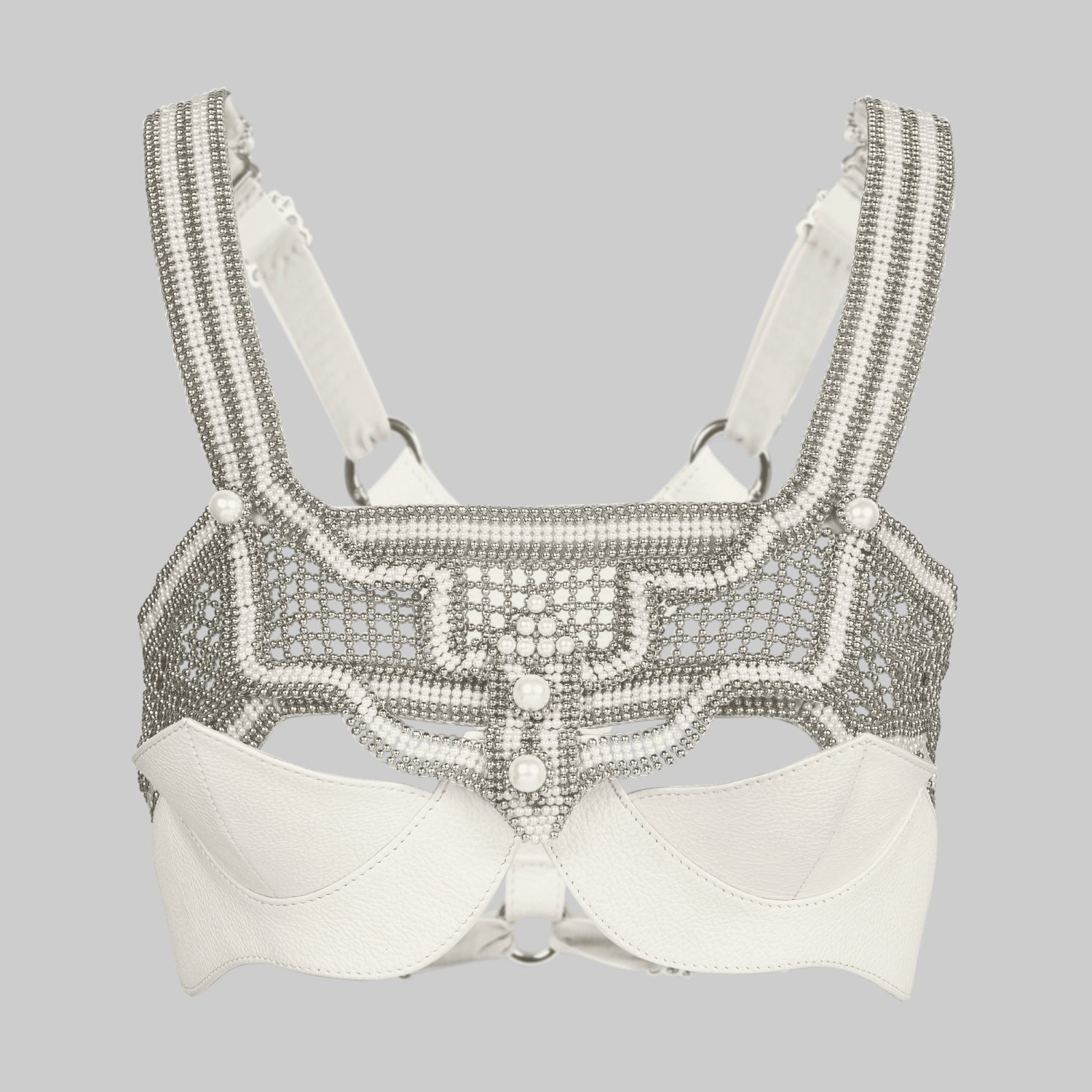 Object & Dawn beaded Khutulun Top with Leather Bra in pearl, contemporary statement accessory, front view