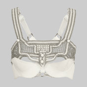 Object & Dawn beaded Khutulun Top with Leather Bra in pearl, contemporary statement accessory, front view