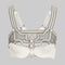 Object & Dawn beaded Khutulun Top with Leather Bra in pearl, contemporary statement accessory, front view