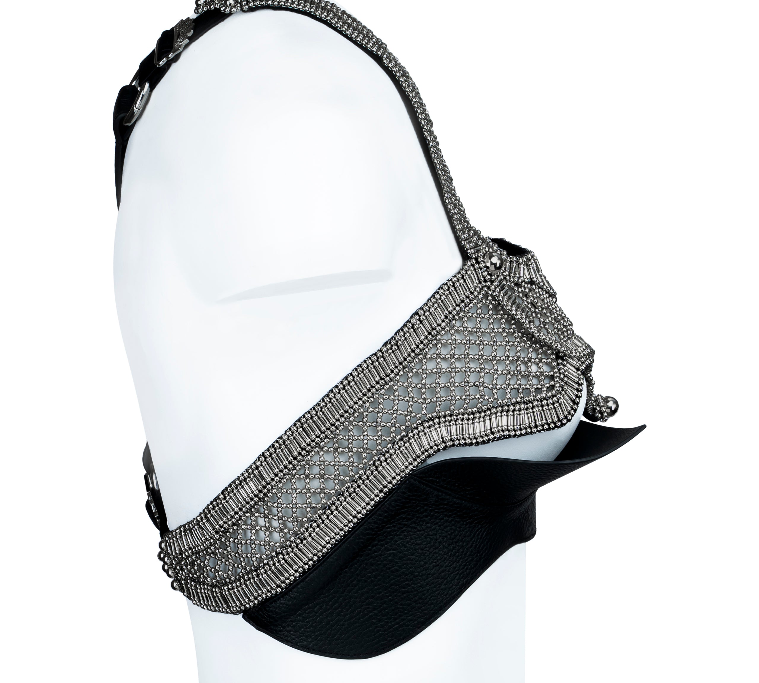 Khutulun Modular Top with leather Bra in silver, statement fashion accessory, ghost image side view by Object and Dawn