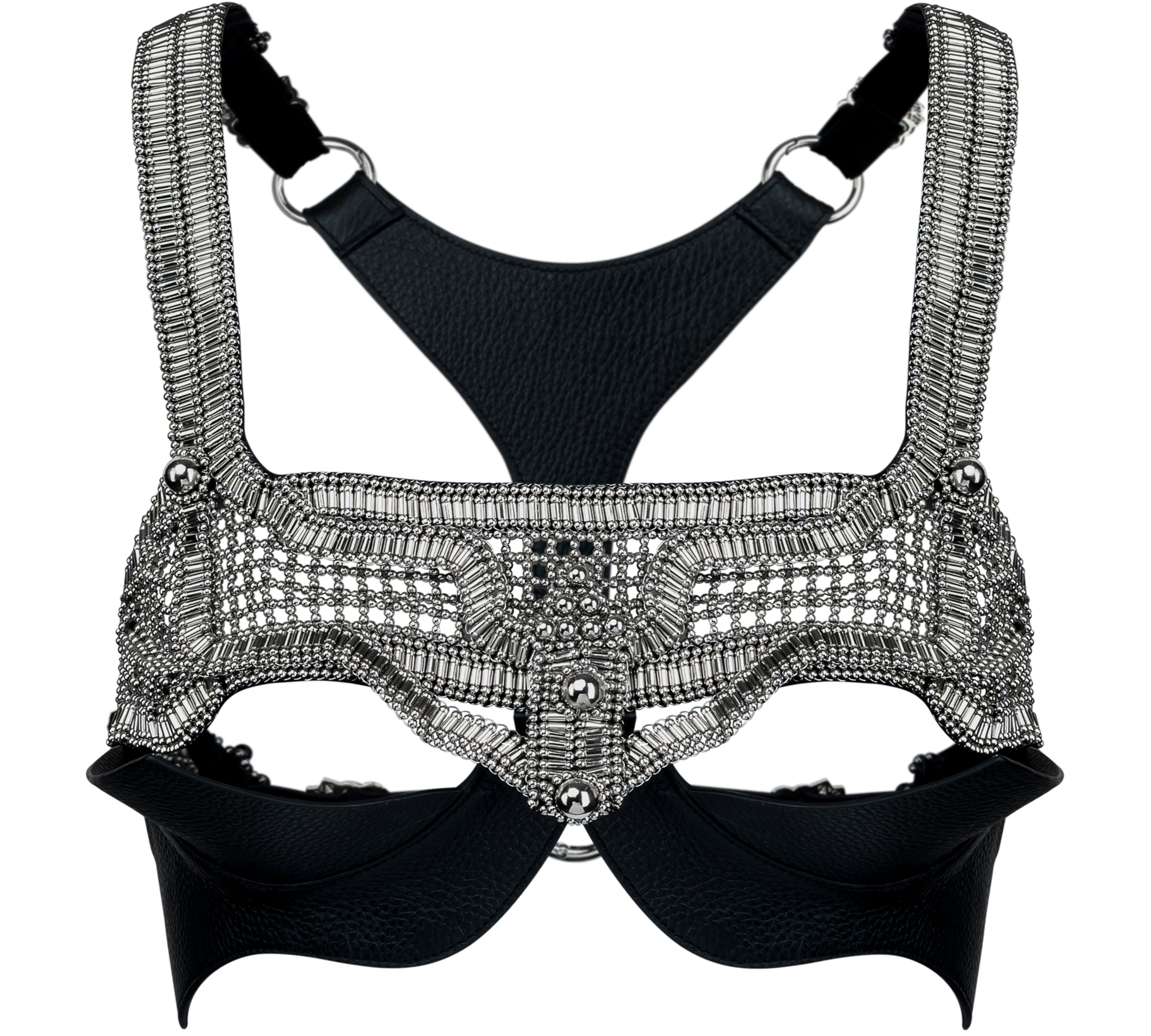 Khutulun Modular Top with leather Bra in silver, premium handcrafted accessory, ghost image front view