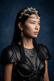 Beaded headband in silver with 11" Tassels silver-black, premium editorial accessory, worn view