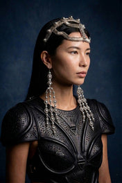 Object & Dawn beaded headband in silver with triniry medallion, premium editorial accessory, worn view