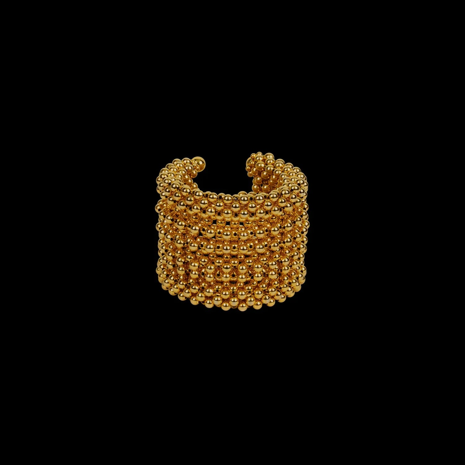Khutulun beaded modular 22k gold wash on polymer siler metal beads ghost image front view on black background