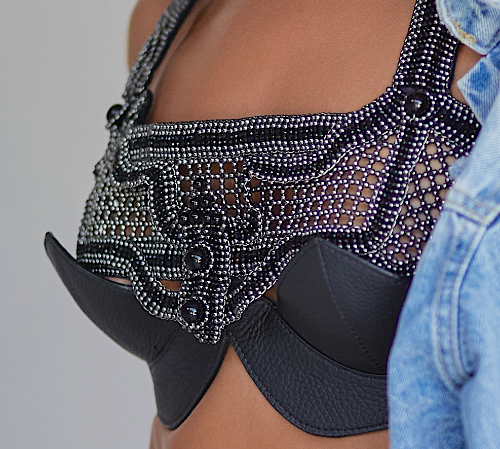 woman in blue outfit wearing Khutulun Modular Top in Jetblack by Object&Dawn